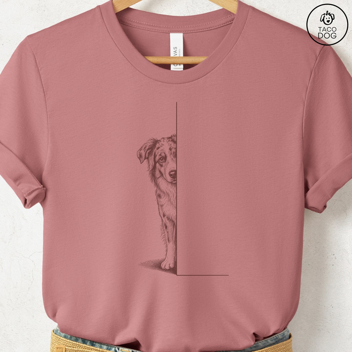 Australian Shepherd Peeking T-Shirt Heather Mauve Taco-Dog