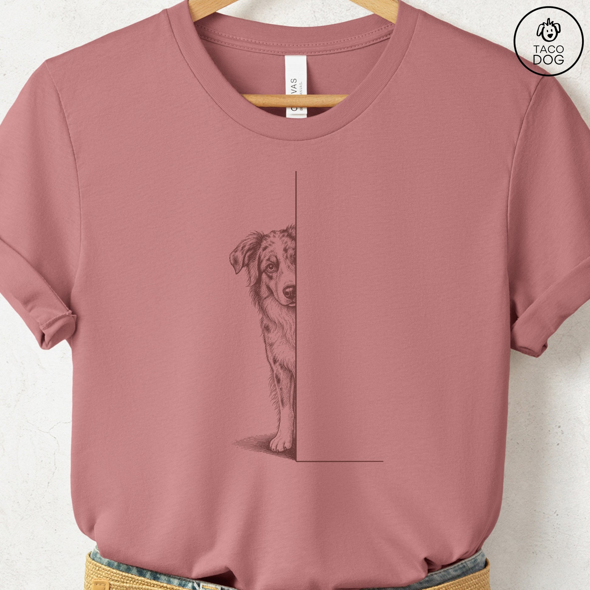 Australian Shepherd Peeking T-Shirt Heather Mauve Taco-Dog
