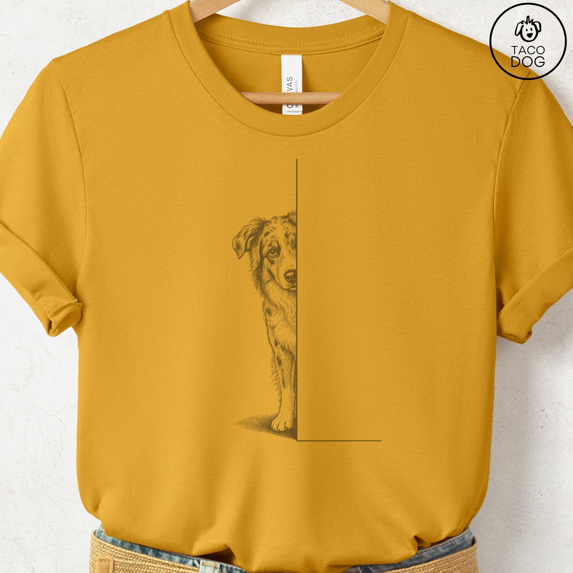 Australian Shepherd Peeking T-Shirt Mustard Taco-Dog