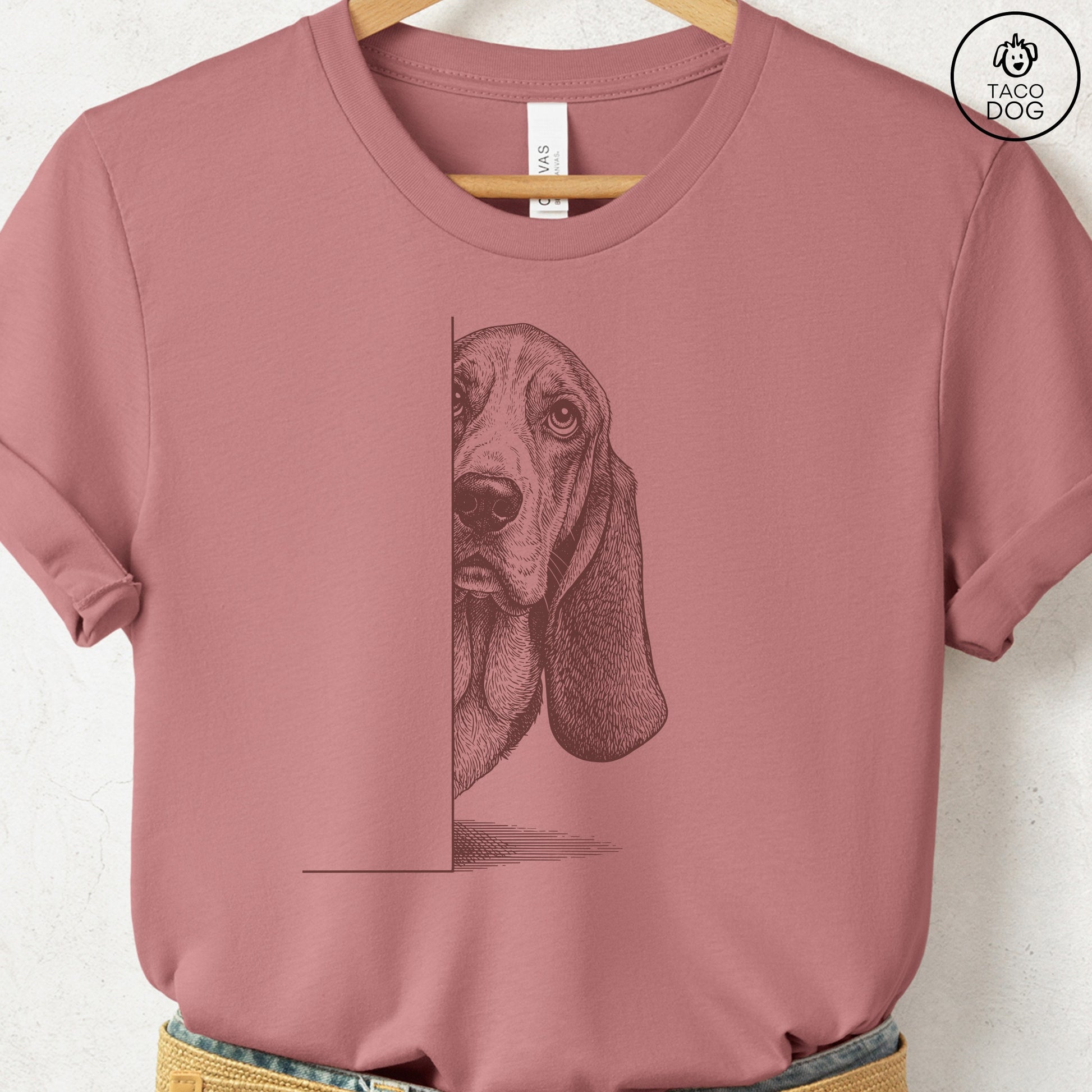Basset Hound Peeking T-Shirt Heather Mauve S Taco-Dog