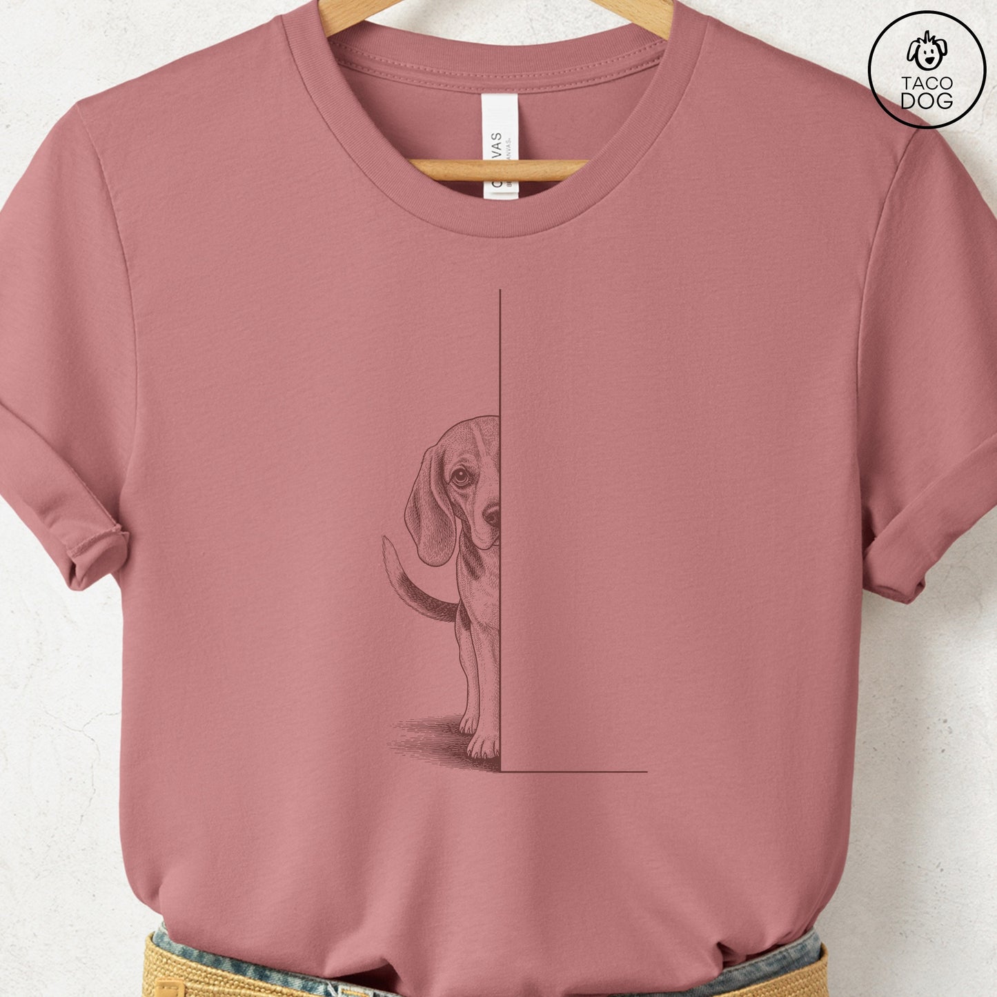 Beagle Peeking T-Shirt Heather Mauve Taco-Dog