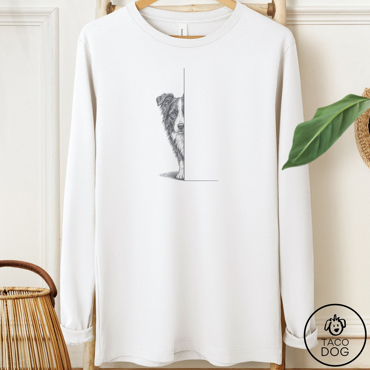 Border Collie Peeking Long Sleeve Tee White Taco-Dog