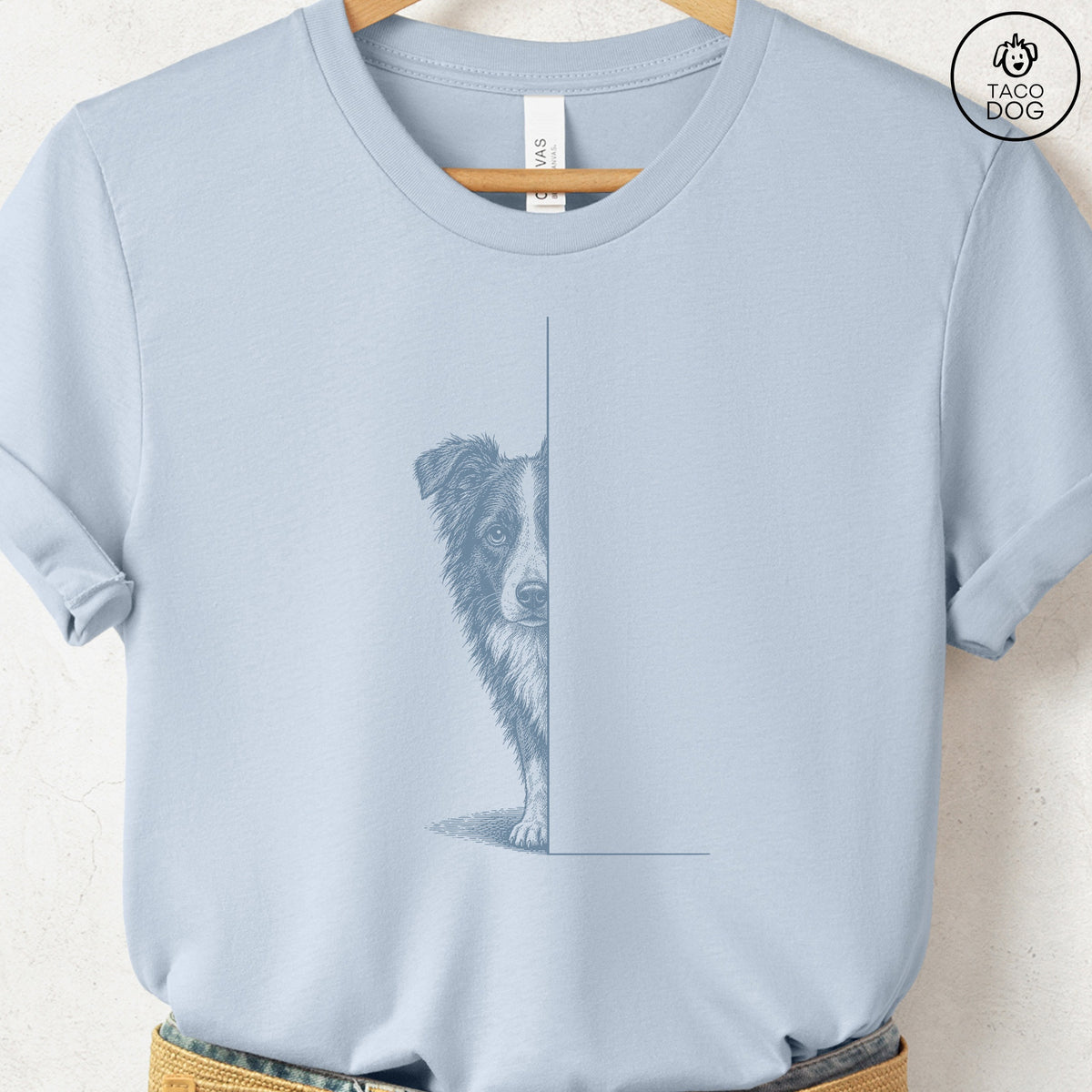 Border Collie Peeking T-Shirt Light Blue Taco-Dog
