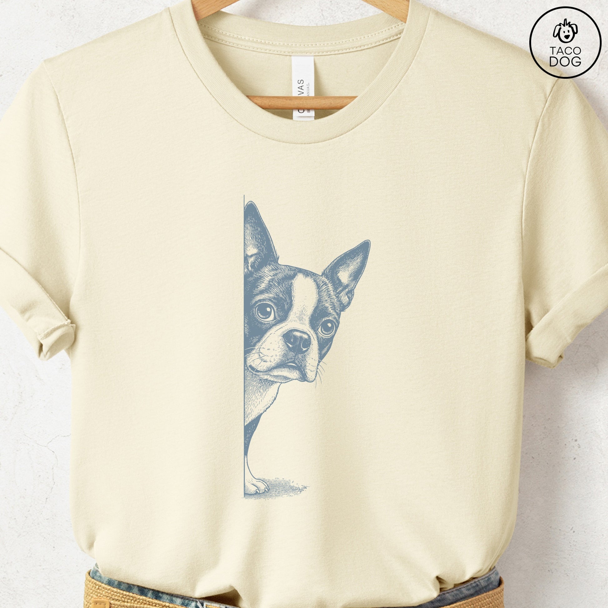 Boston Terrier Peeking T-Shirt Natural S Taco-Dog