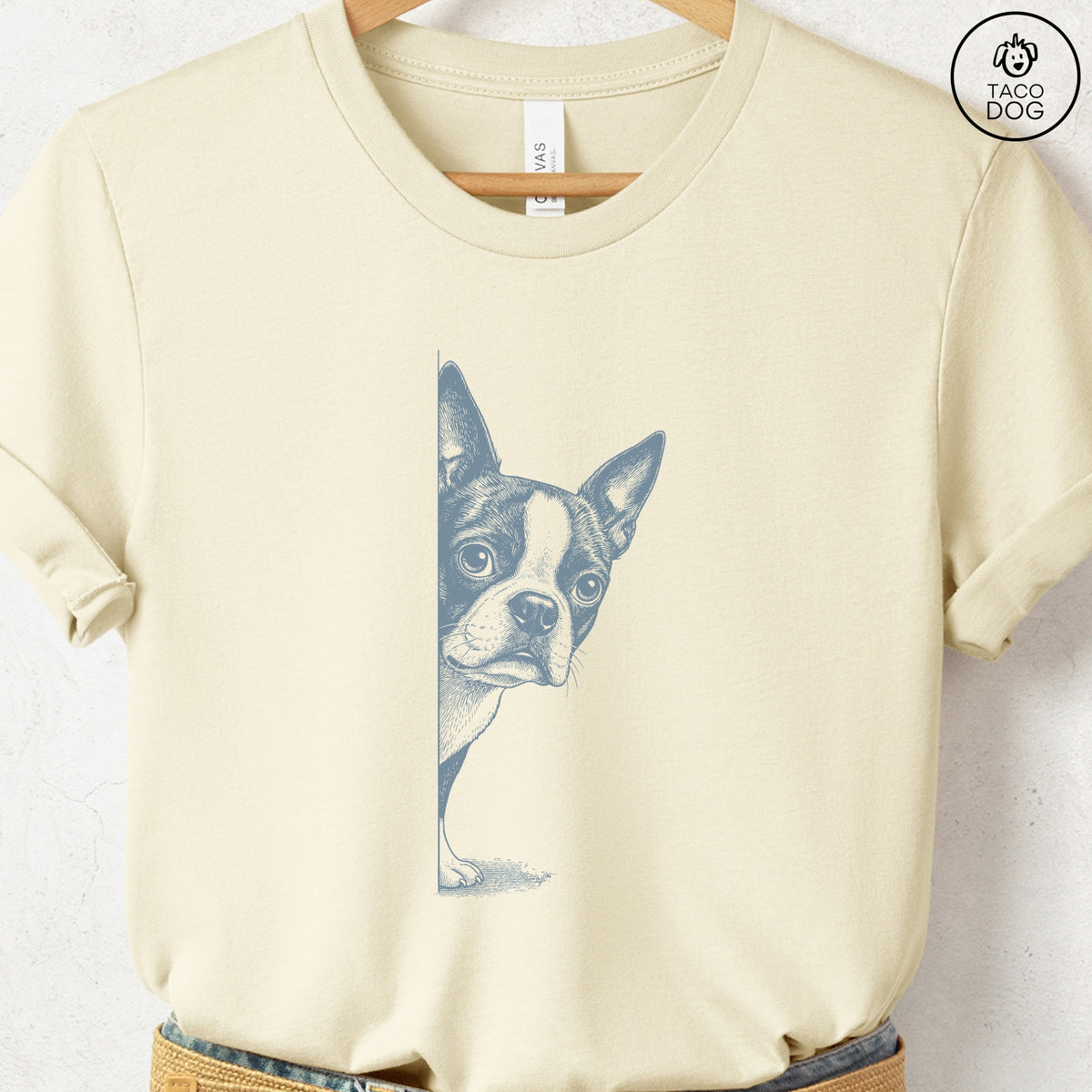 Boston Terrier Peeking T-Shirt, design close-up