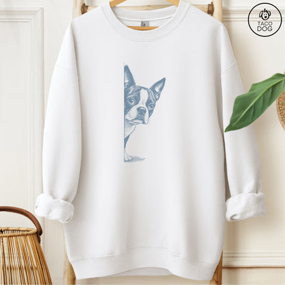 Boston Terrier Peeking Sweatshirt White M Taco-Dog