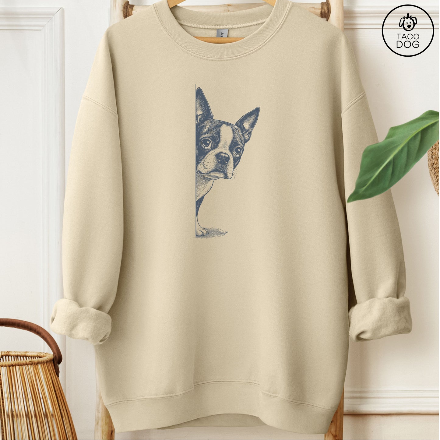 Boston Terrier Peeking Sweatshirt Sand M Taco-Dog
