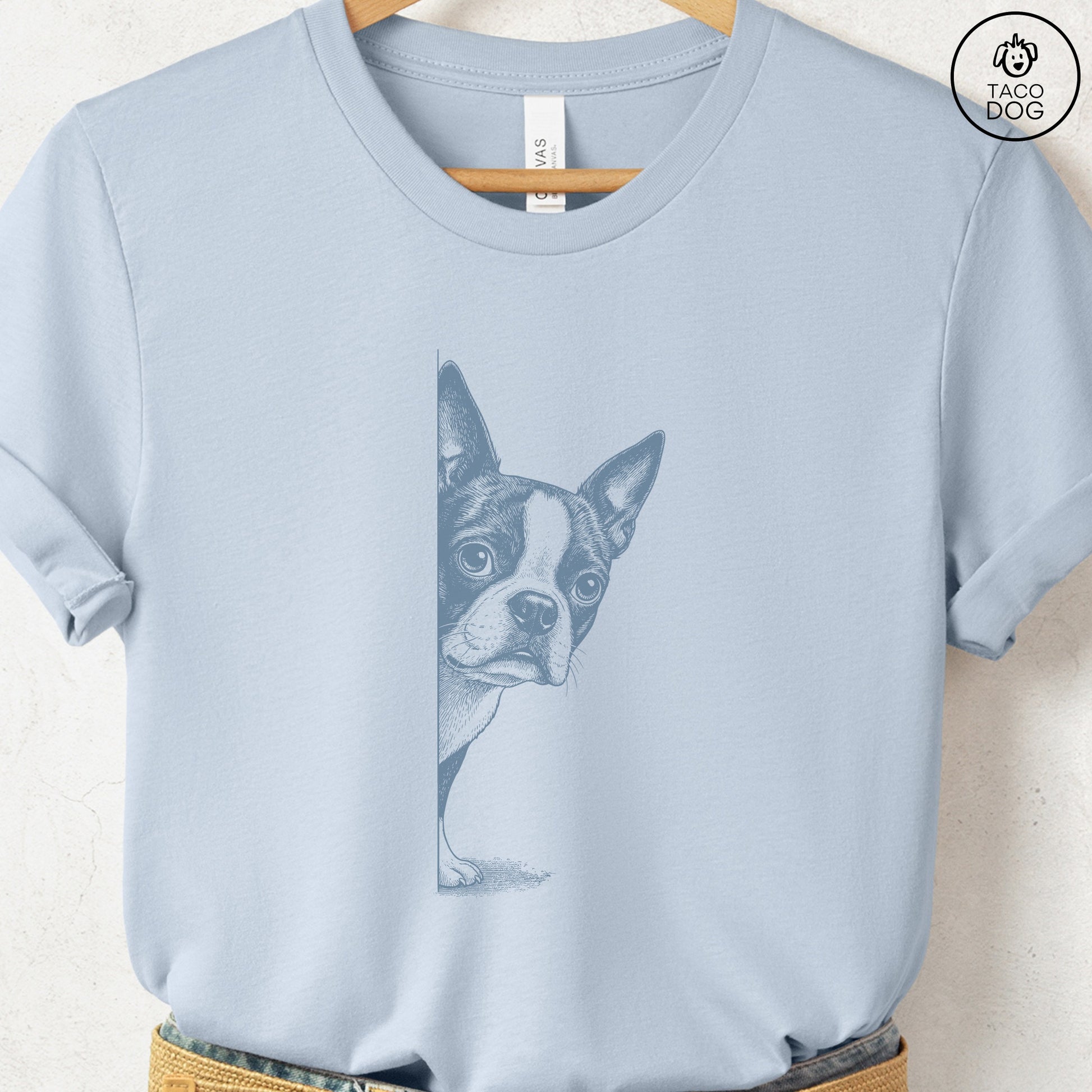 Boston Terrier Peeking T-Shirt Light Blue S Taco-Dog