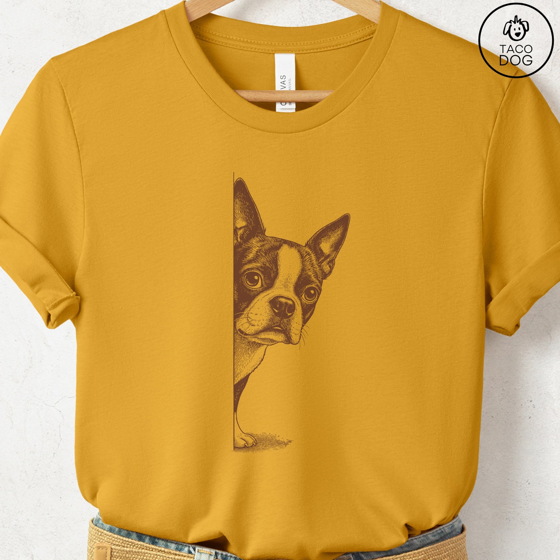 Boston Terrier Peeking T-Shirt Mustard S Taco-Dog