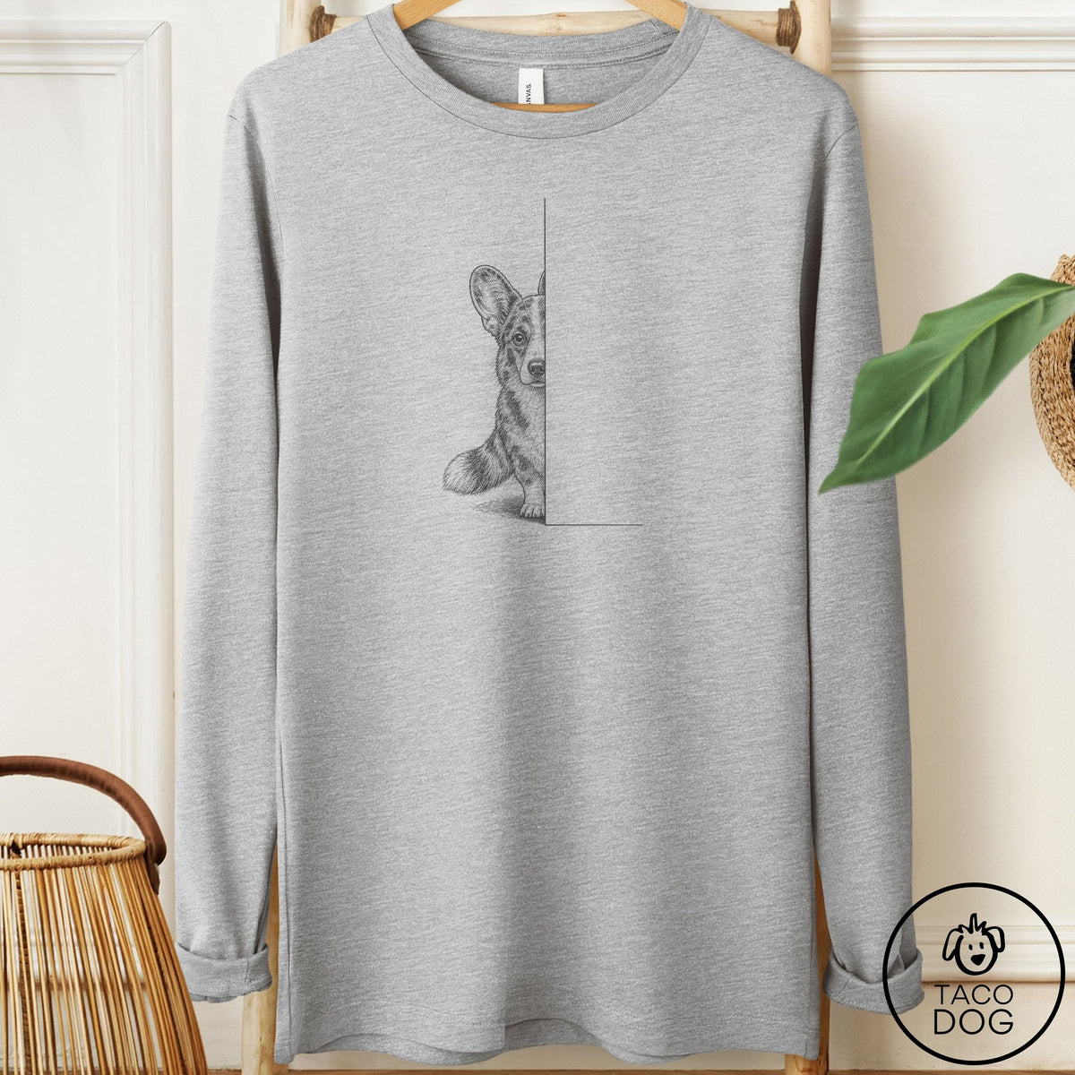 Cardigan Welsh Corgi Peeking Long Sleeve Tee Athletic Heather Taco-Dog