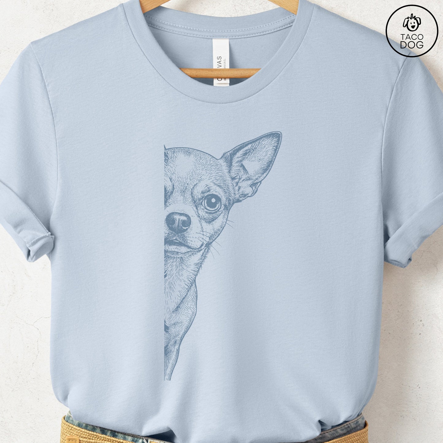 Chihuahua Peeking T-Shirt Light Blue S Taco-Dog