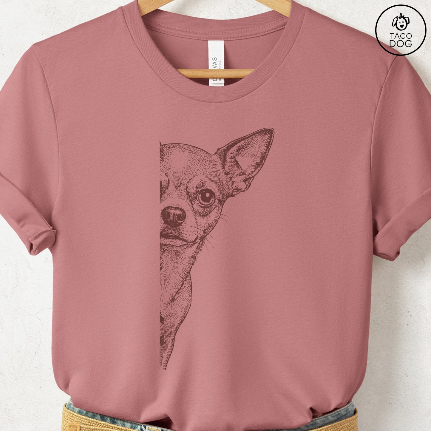 Chihuahua Peeking T-Shirt Heather Mauve S Taco-Dog