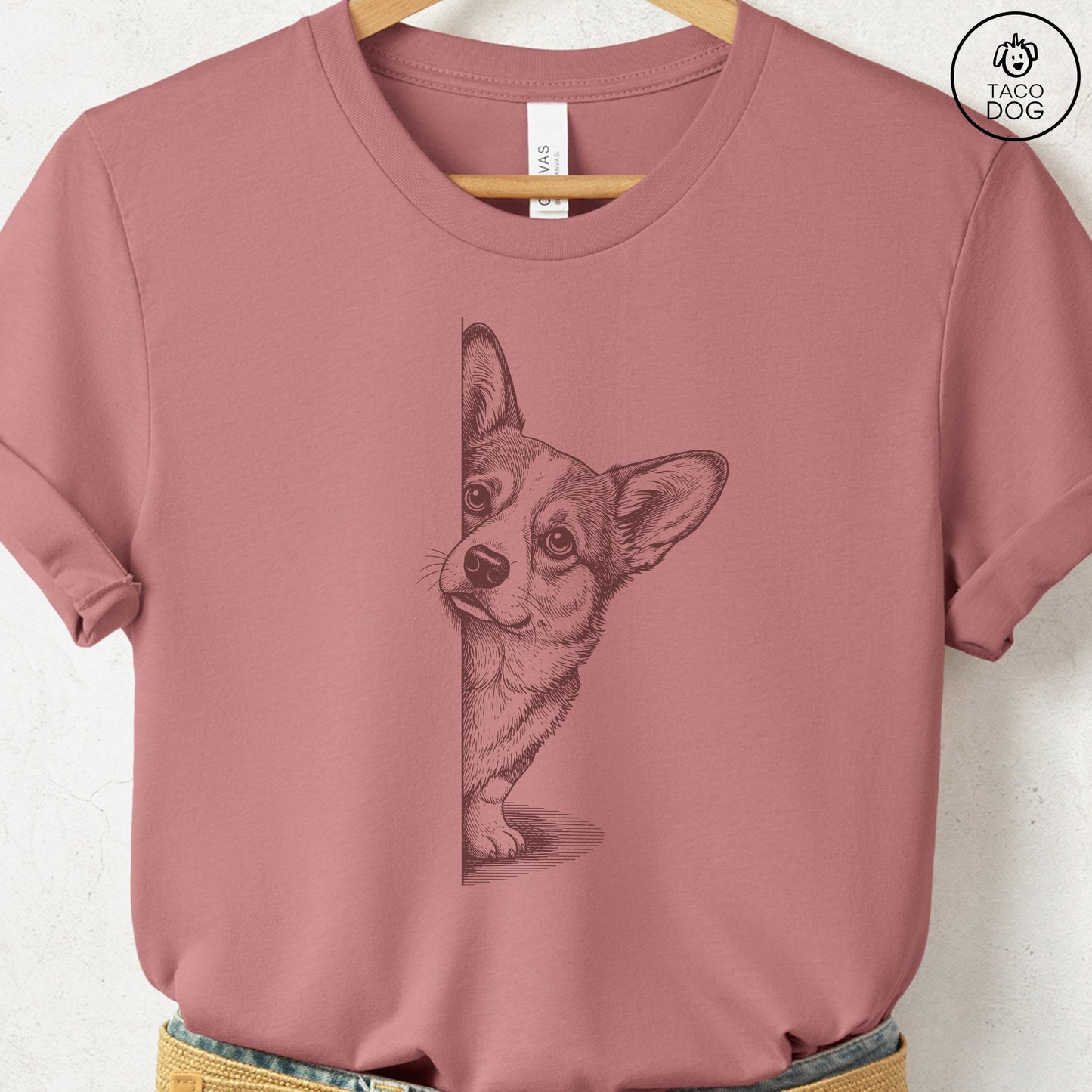 Corgi Peeking T-Shirt Heather Mauve S Taco-Dog