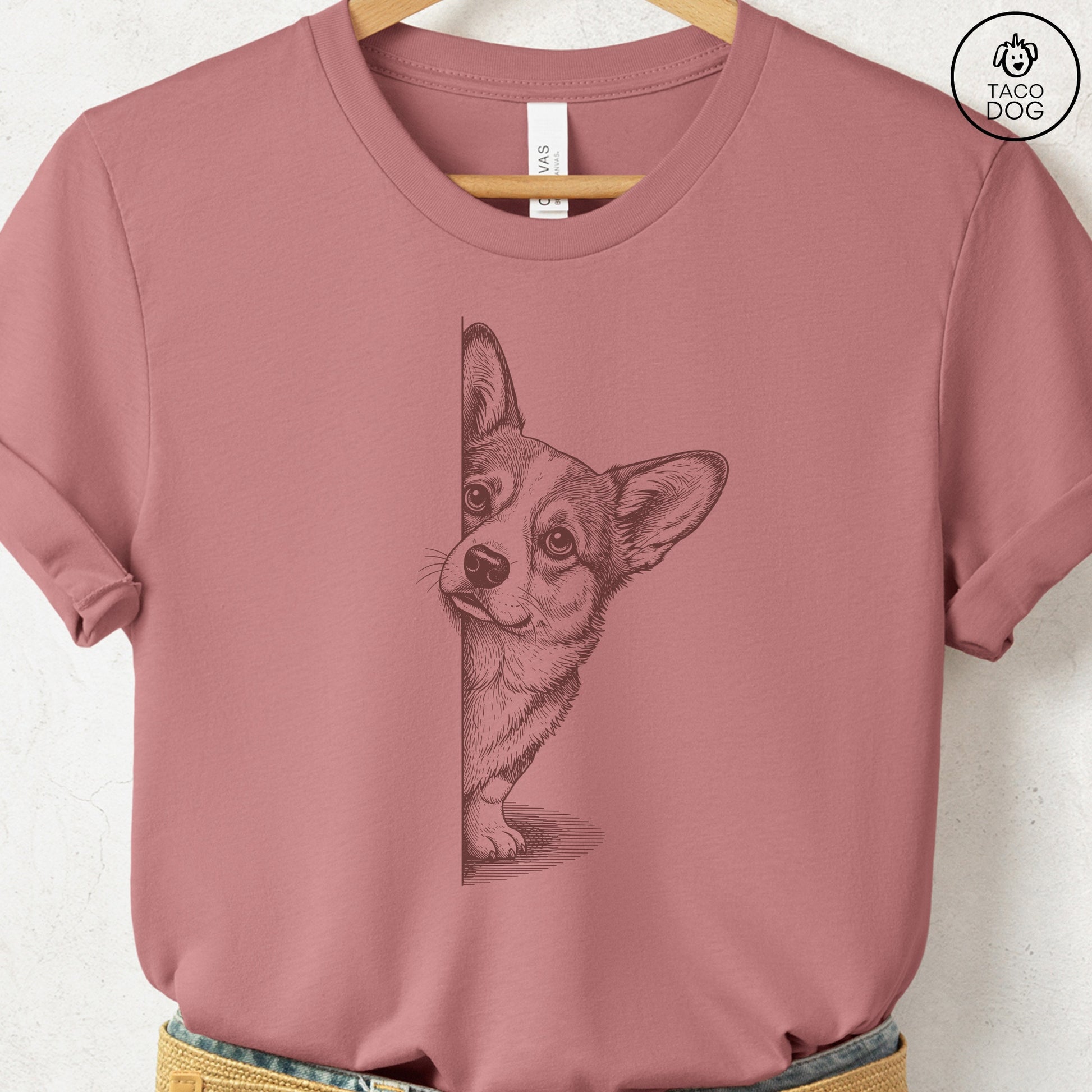 Corgi Peeking T-Shirt Heather Mauve S Taco-Dog