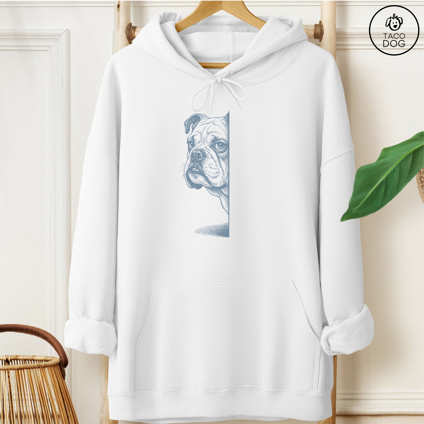 English Bulldog Peeking Hoodie White Taco-Dog