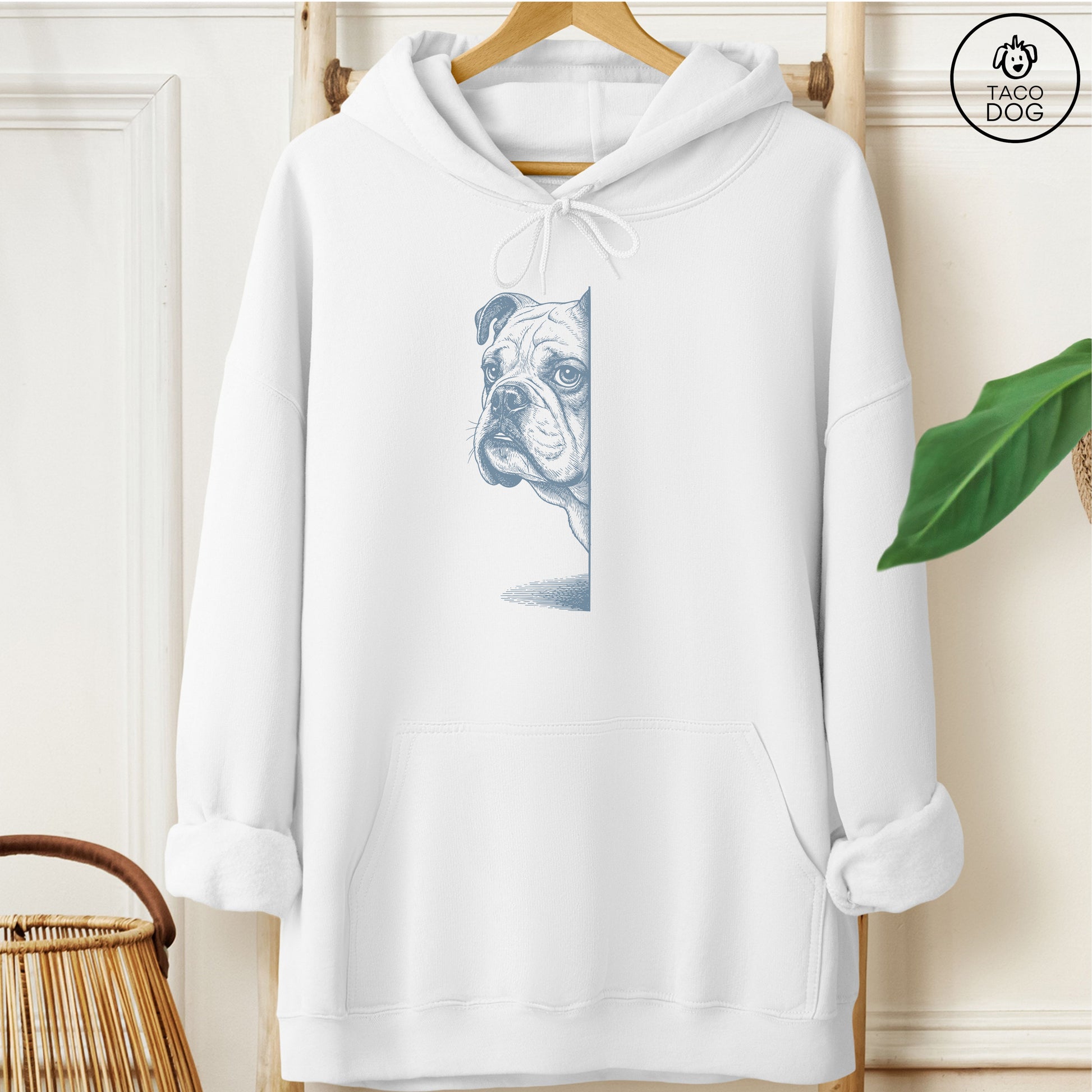 English Bulldog Peeking Hoodie White Taco-Dog