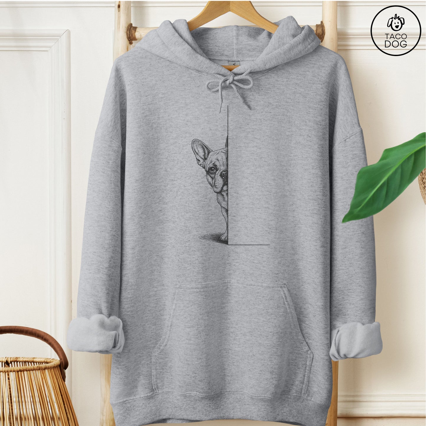 French Bulldog Frenchie Peeking Hoodie Graphite Heather Taco-Dog