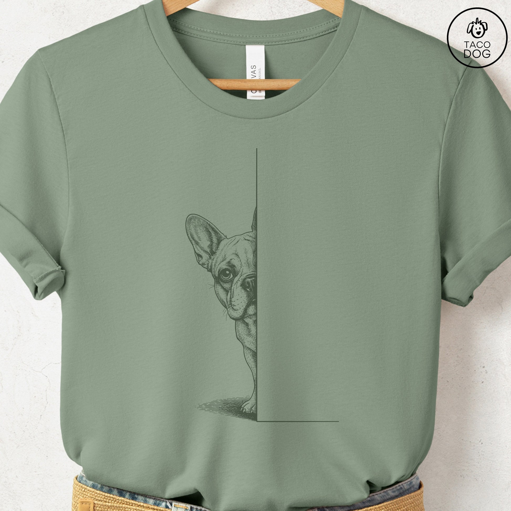 French Bulldog Frenchie Peeking T-Shirt Sage S Taco-Dog
