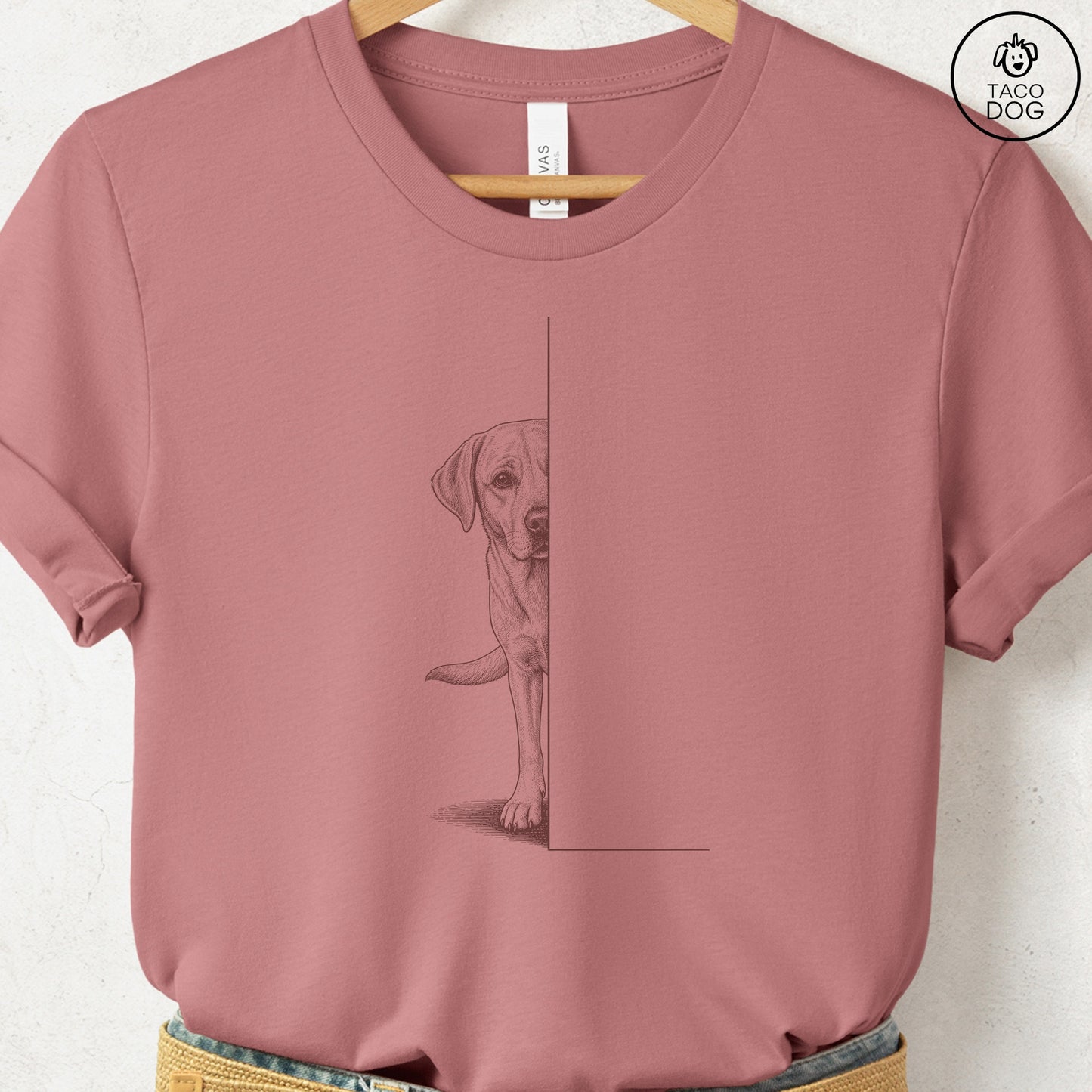 Labrador Peeking T-Shirt Heather Mauve Taco-Dog