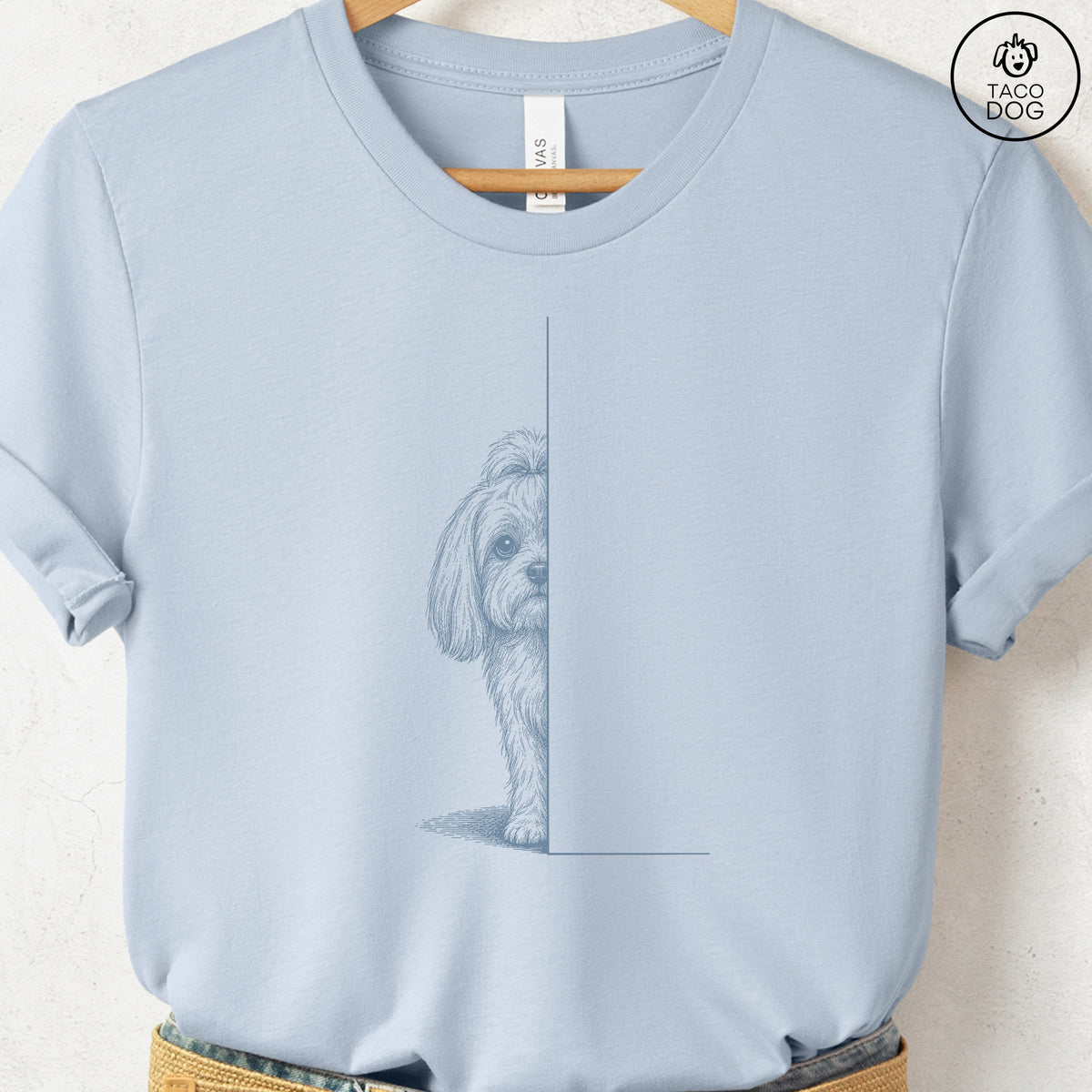 Maltese Peeking T-Shirt Light Blue Taco-Dog
