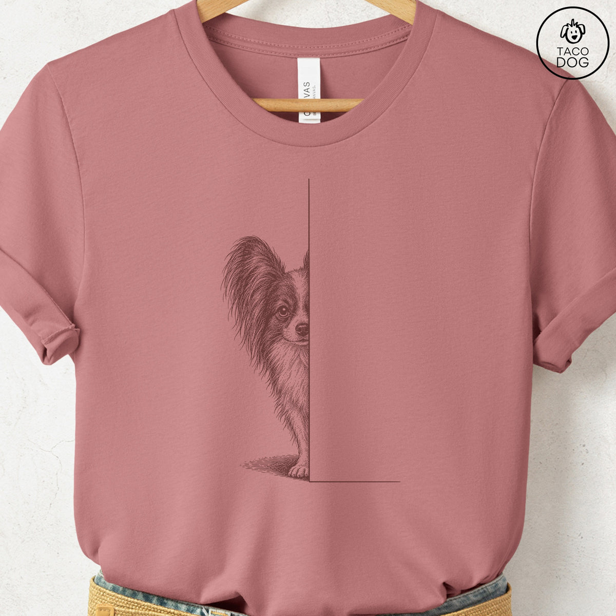 Papillon Peeking T-Shirt Heather Mauve Taco-Dog