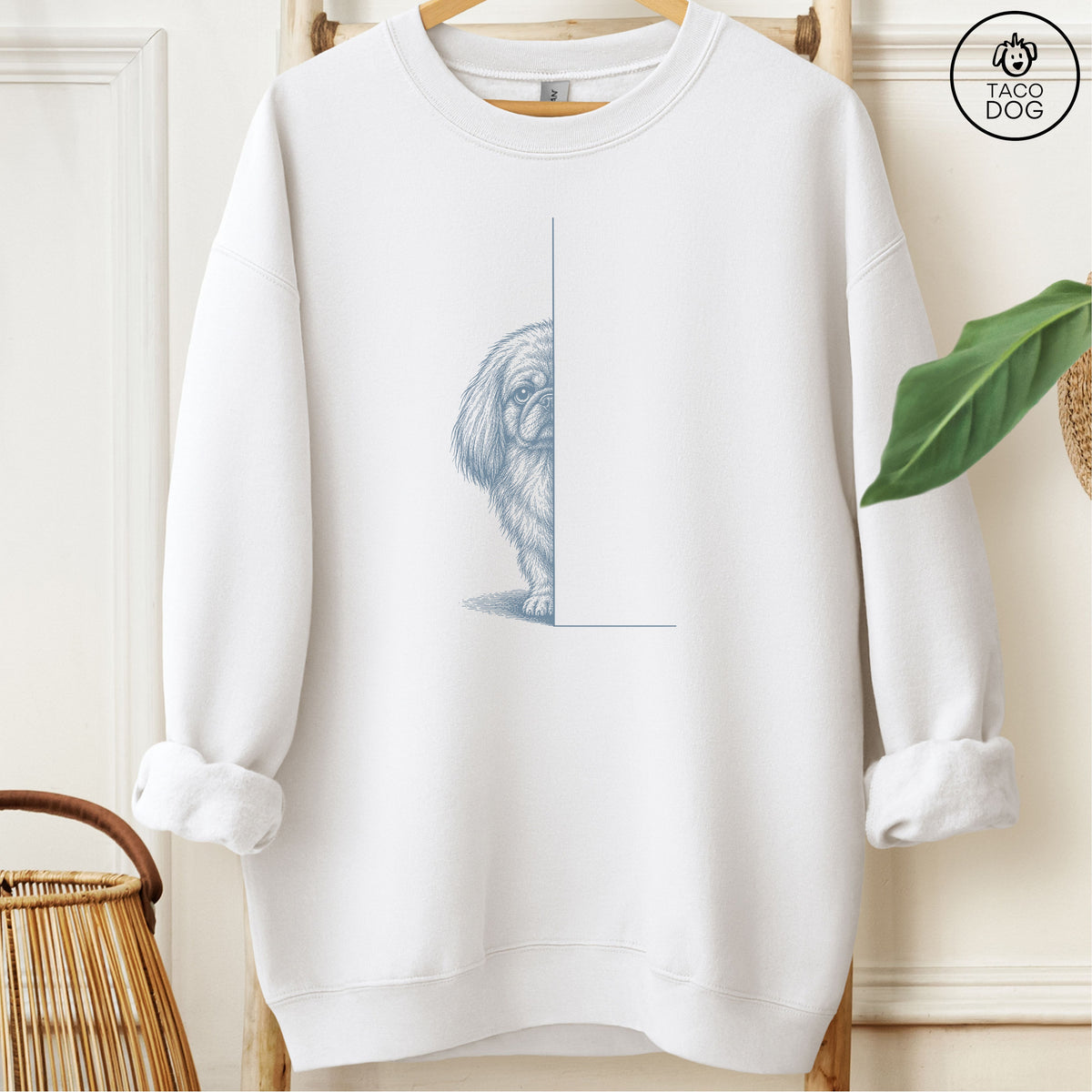 Pekingese Peeking Sweatshirt White Taco-Dog