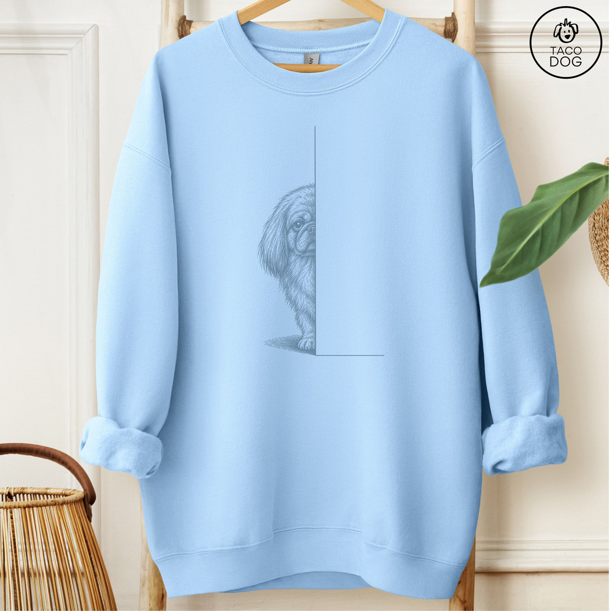 Pekingese Peeking Sweatshirt Light Blue Taco-Dog