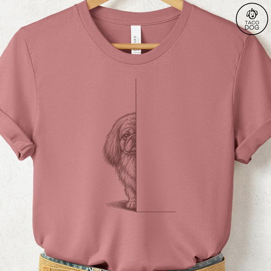 Pekingese Peeking T-Shirt Heather Mauve Taco-Dog