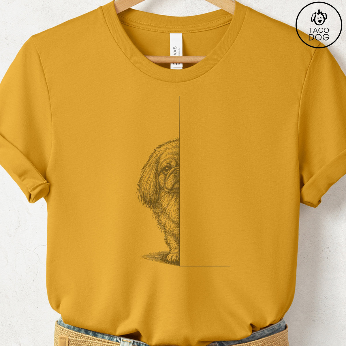 Pekingese Peeking T-Shirt Mustard Taco-Dog