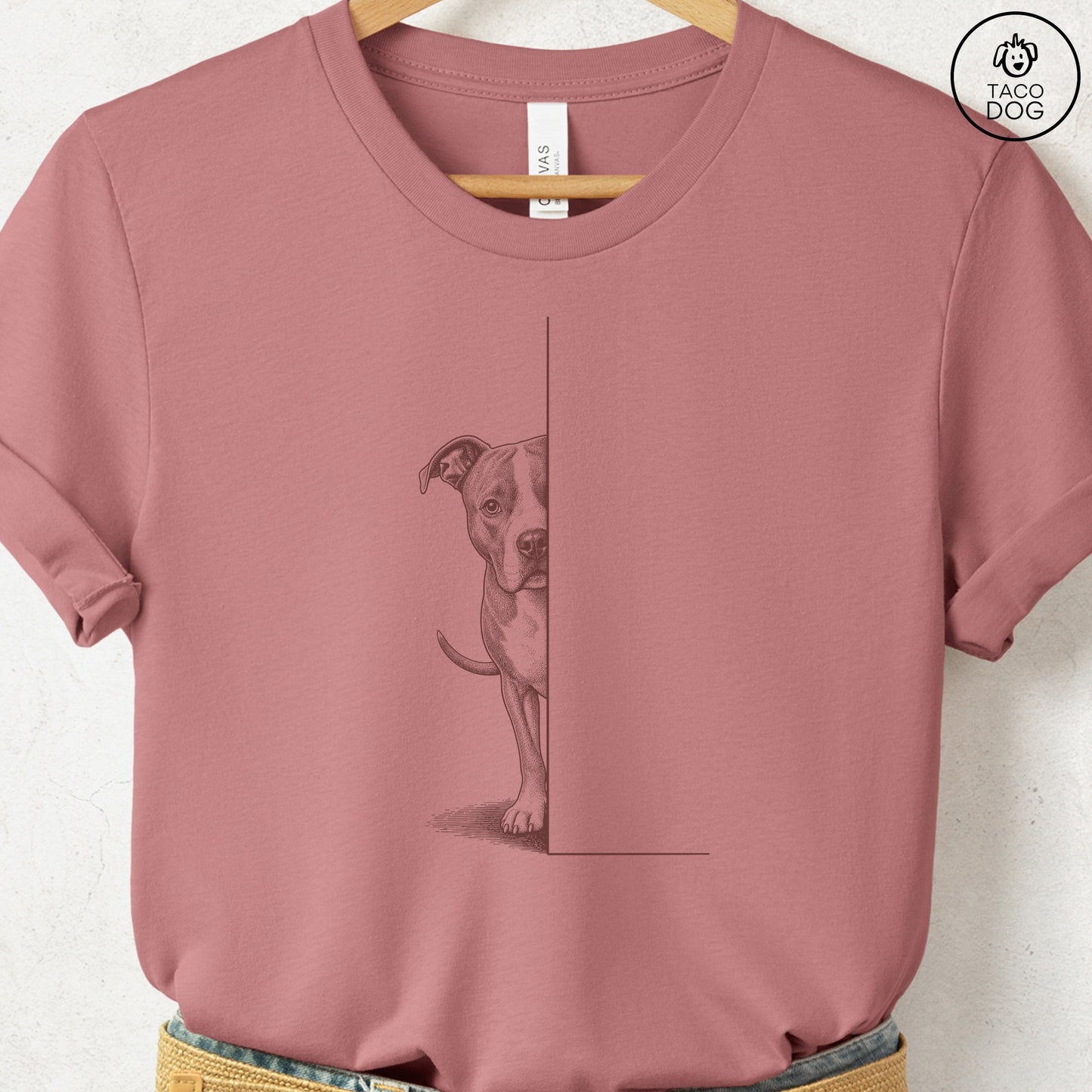 Pitbull Peeking T-Shirt Heather Mauve Taco-Dog
