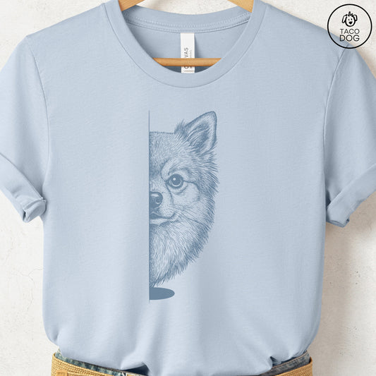 Pomeranian Peeking T-Shirt Light Blue S Taco-Dog