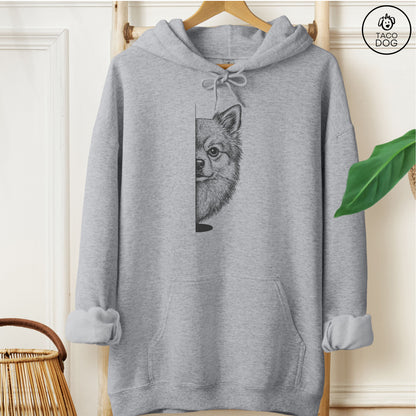 Pomeranian Peeking Hoodie Graphite Heather Taco-Dog