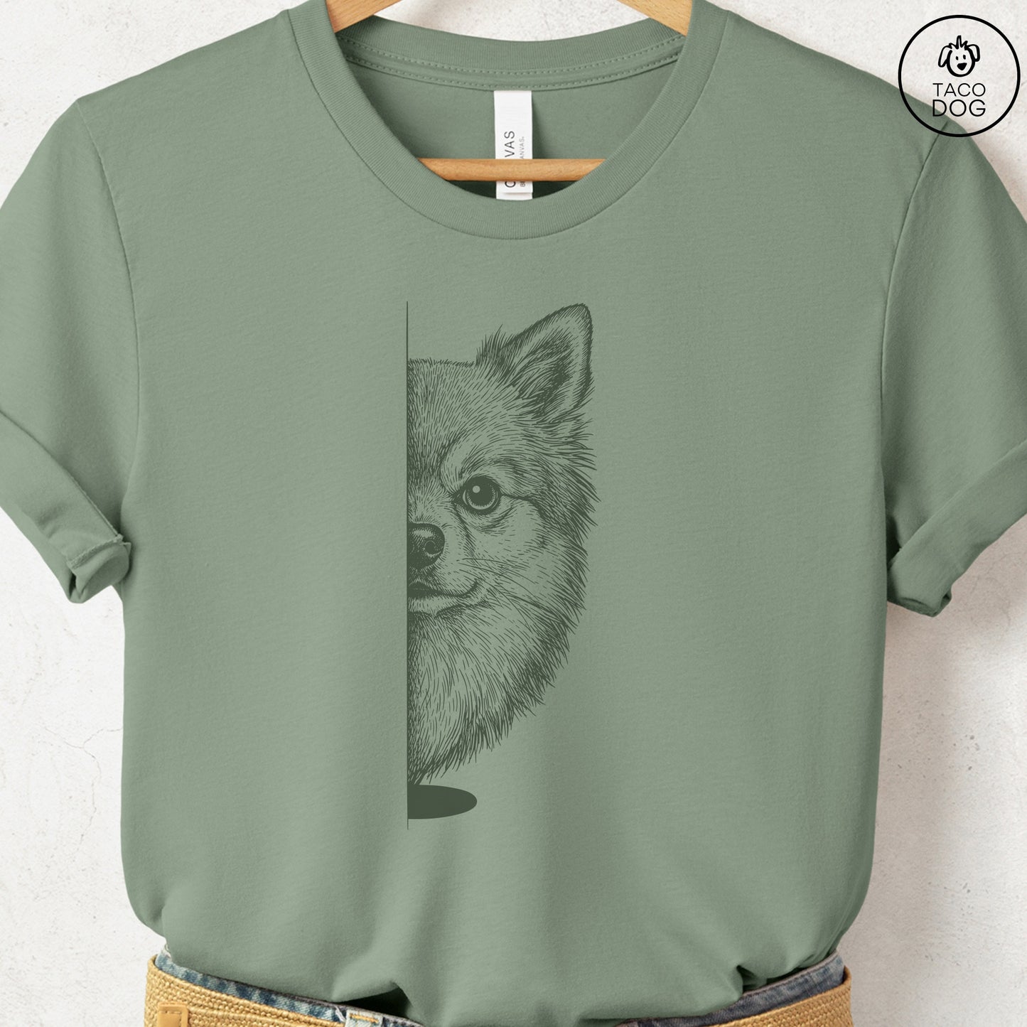Pomeranian Peeking T-Shirt Sage S Taco-Dog