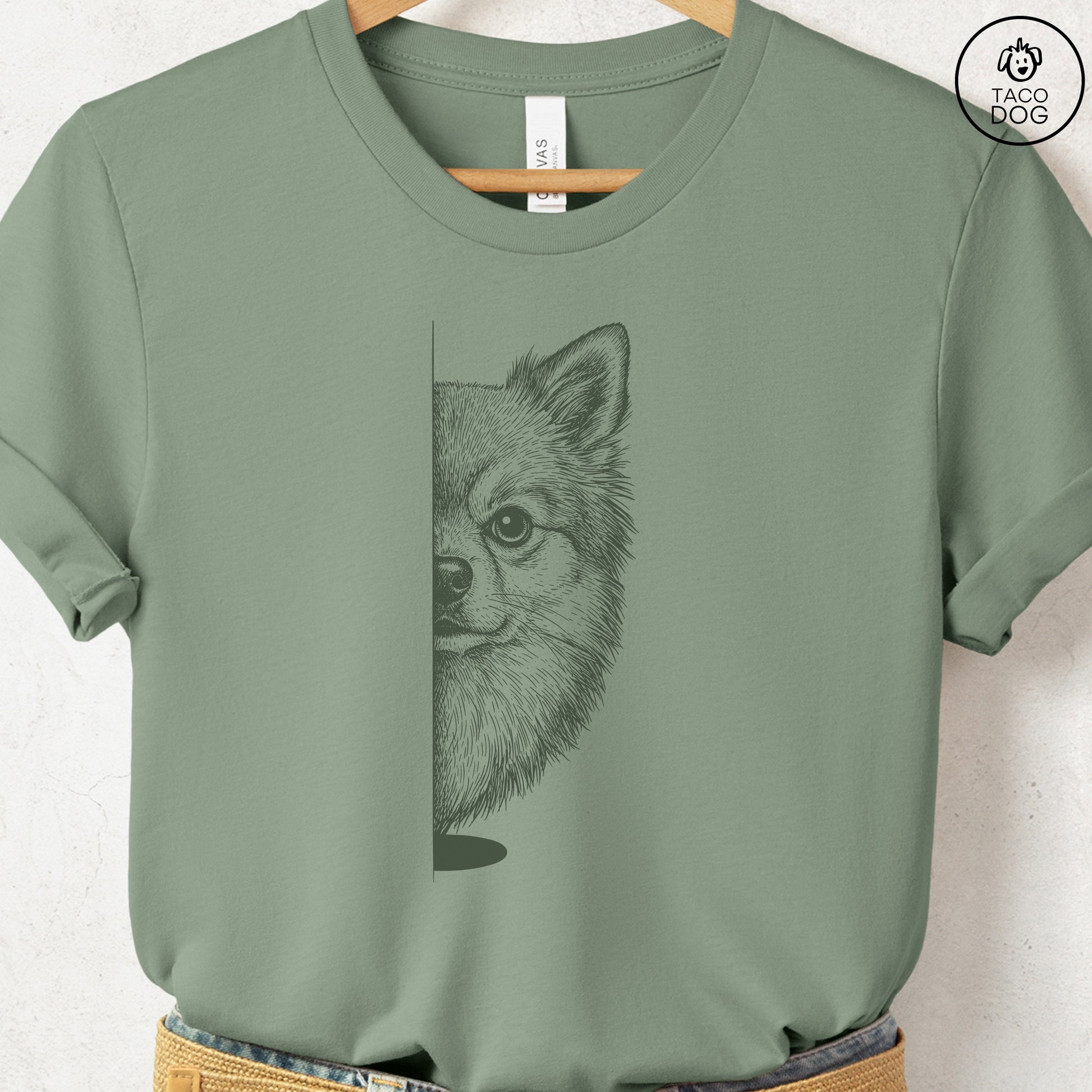 Pomeranian Peeking T-Shirt Sage S Taco-Dog