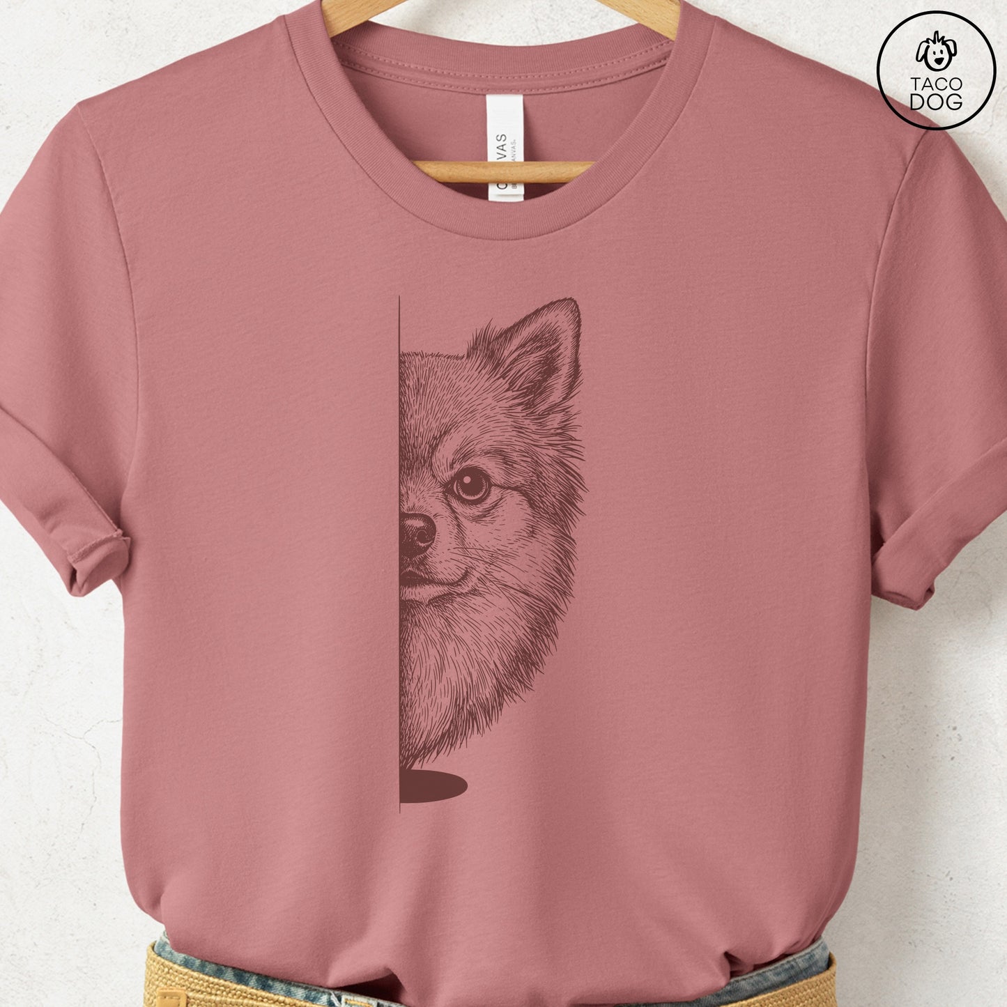 Pomeranian Peeking T-Shirt Heather Mauve S Taco-Dog