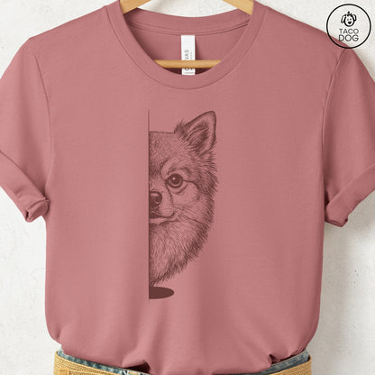 Pomeranian Peeking T-Shirt Heather Mauve S Taco-Dog