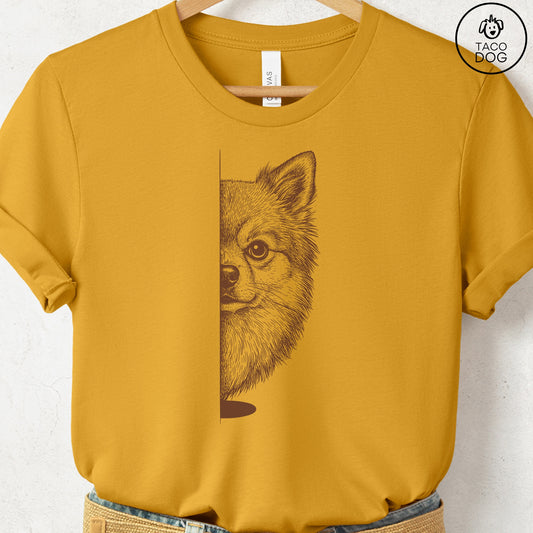 Pomeranian Peeking T-Shirt Mustard S Taco-Dog