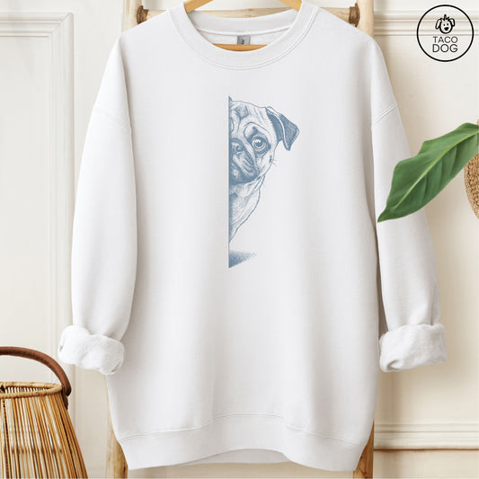 Pug Peeking Sweatshirt White M Taco-Dog