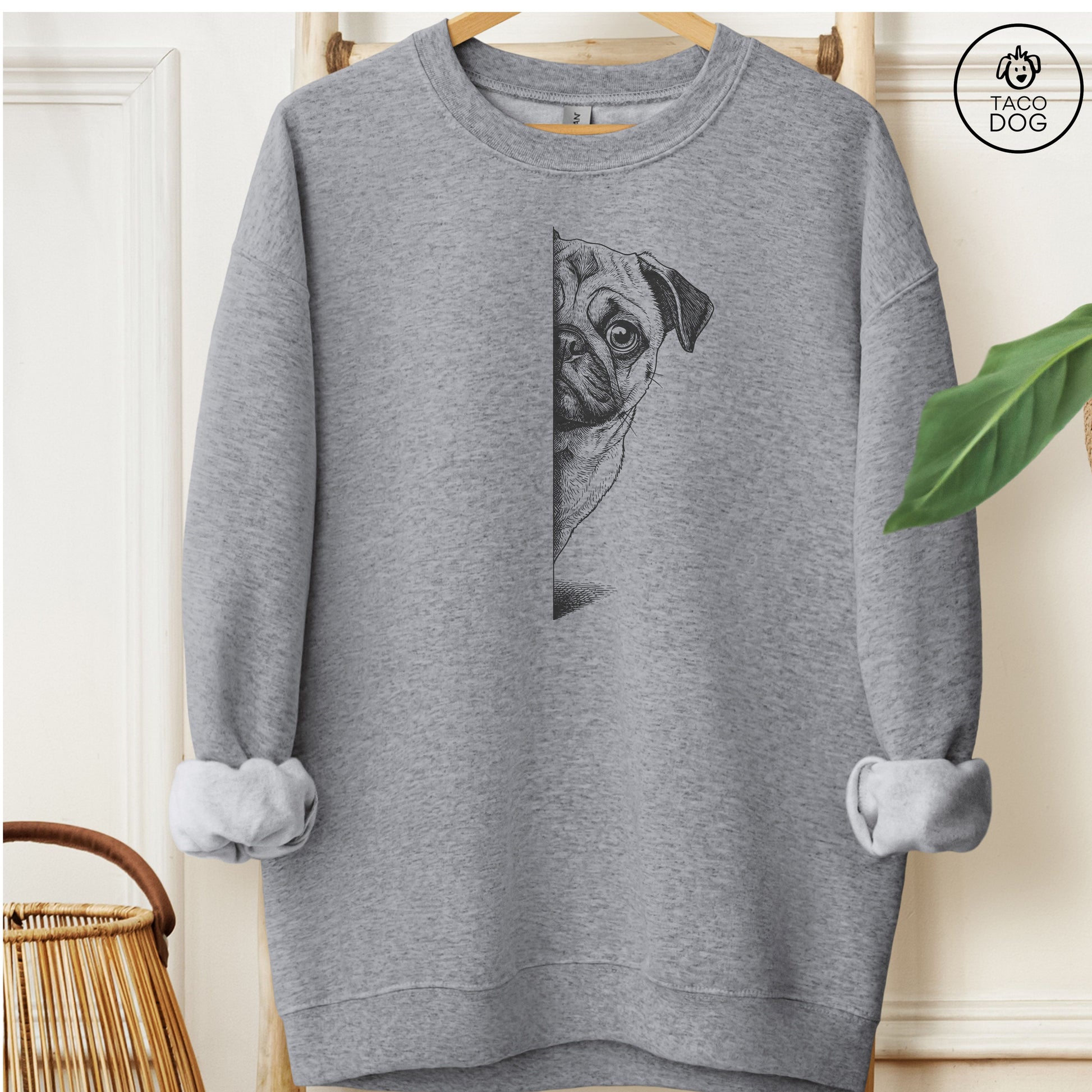Pug Peeking Sweatshirt Graphite Heather M Taco-Dog