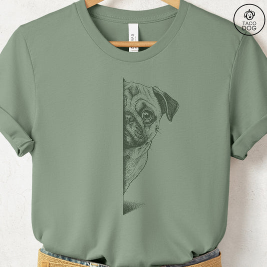 Pug Peeking T-Shirt Sage S Taco-Dog
