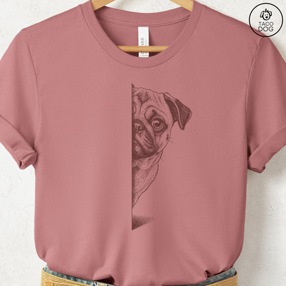 Pug Peeking T-Shirt Heather Mauve S Taco-Dog
