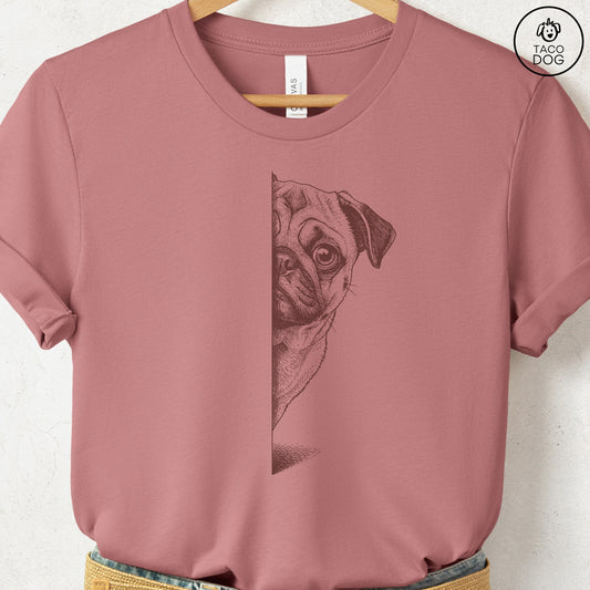 Pug Peeking T-Shirt Heather Mauve S Taco-Dog