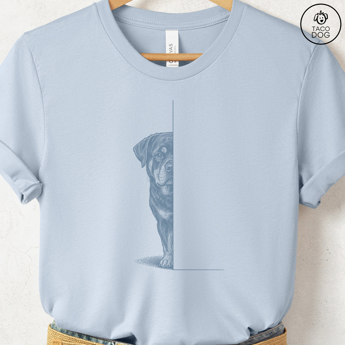 Rottweiler Peeking T-Shirt Light Blue Taco-Dog