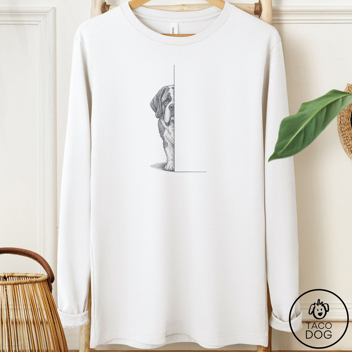 Saint Bernard Peeking Long Sleeve Tee White Taco-Dog