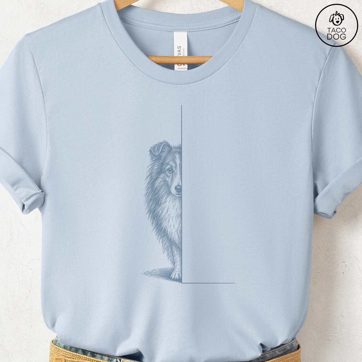 Shetland Sheepdog Peeking T-Shirt Light Blue Taco-Dog