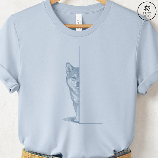 Shiba Inu Peeking T-Shirt Light Blue Taco-Dog