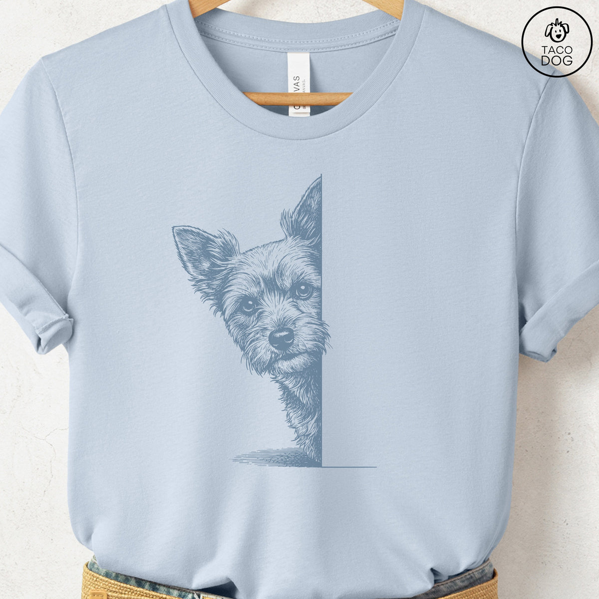 Yorkshire Terrier Yorkie Peeking T-Shirt Light Blue Taco-Dog