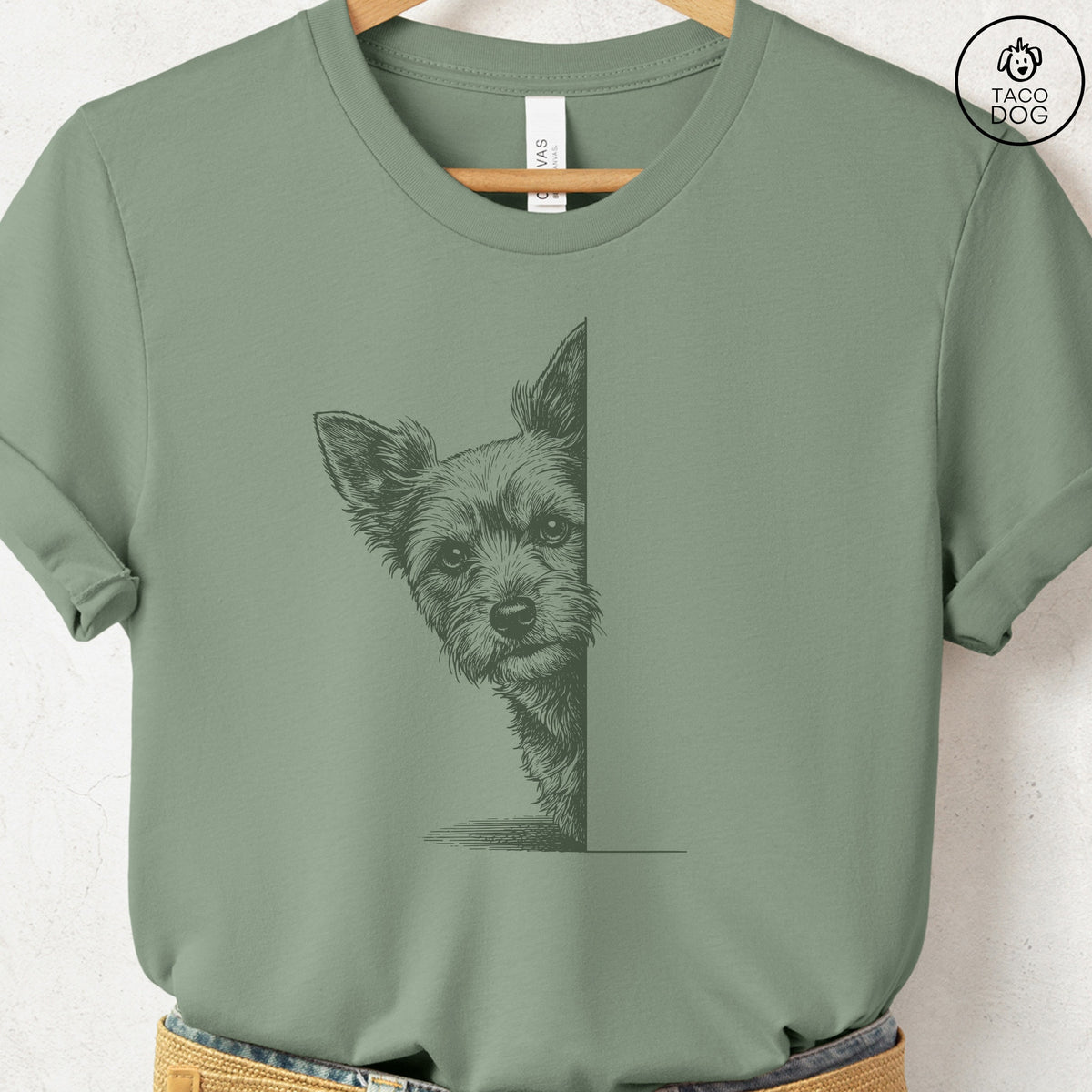 Yorkshire Terrier Yorkie Peeking T-Shirt Sage Taco-Dog