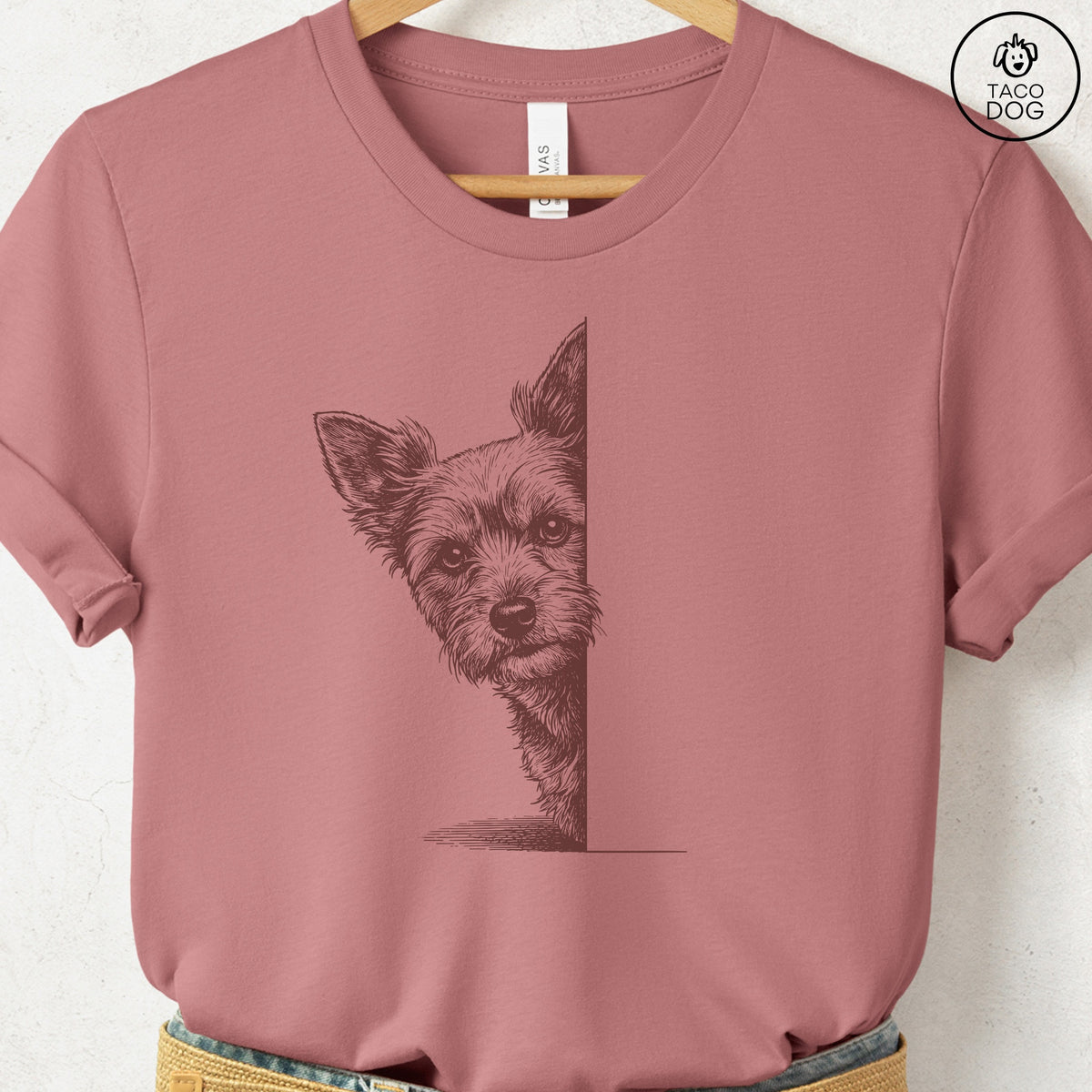 Yorkshire Terrier Yorkie Peeking T-Shirt Heather Mauve Taco-Dog