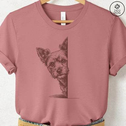 Yorkshire Terrier Yorkie Peeking T-Shirt Heather Mauve Taco-Dog